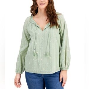 STYLE & CO Green Cotton Metallic ThreadTassel-Tie Peasant Top